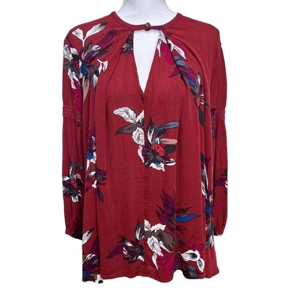 Free People Maroon Floral Keyhole Neck Tunic Top Mini Dress Oversize Boho Blouse - Picture 1 of 6